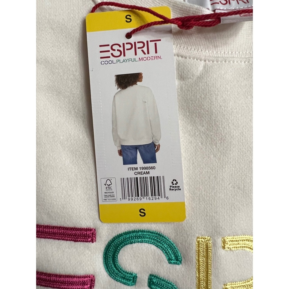 ESPRIT Logo Sweatshirt Women S Cream Crewneck Relaxed Fit Cotton Blend NWT 80s - Picture 5 of 11